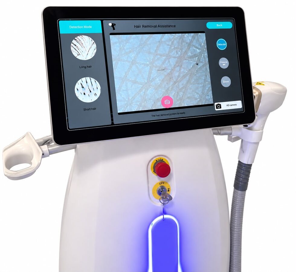 Nahaufnahme des Laser-Geräts von Skin Lover mit Hautanalyse auf dem Display
